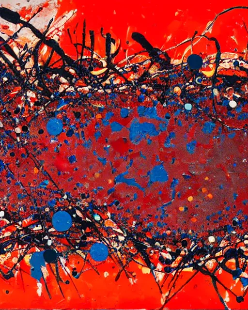 Image similar to a jackson pollock painting that is red, orange, blue, and pink, with some bottlecaps in it, detailed, oil painting