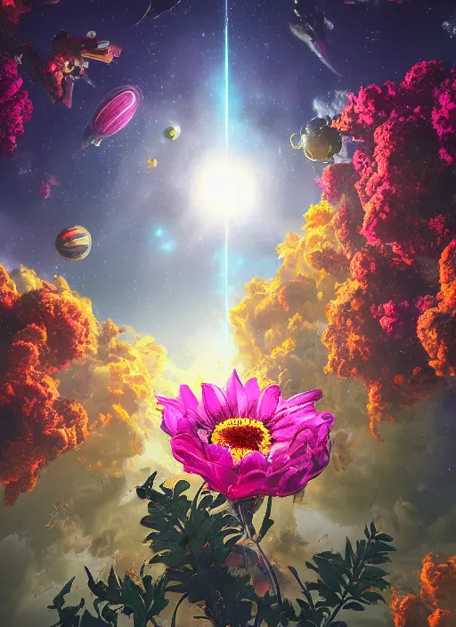 Image similar to An epic fantastic realism comic book style painting of the most beautiful flowers launched into space, bouquets, fisheye lens, unreal 5, DAZ, hyperrealistic, stars in the night sky, octane render, dynamic lighting