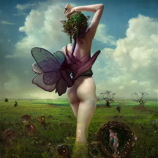 Image similar to a solarpunk very very very beautiful lush landscape of a beautiful nymph in a field are of broken stone words with cyborg workers picking up the broken stone and trying to put them back together, hyperrealistic, award - winning, masterpiece, in the style of tom bagshaw, cedric peyravernay, peter mohrbacher