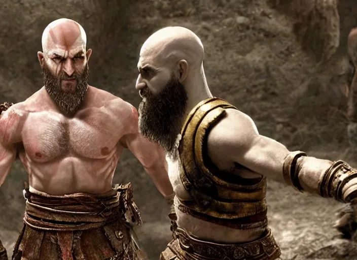 Prompt: movie frame of benjamin netanyahu playing kratos in god of war ( 2 0 2 0 ), hd, bluray, highlydetailed, cinematic