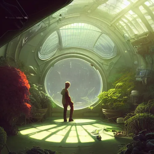 Image similar to , boy and grandma in sci - fi green house, spaceship, plants, stephen bliss, misty, unreal engine, pixar, fantasy art by greg rutkowski, loish, ferdinand knab, and lois van rossdraws, global illumination, radiant light, minimalist, detailed and intricate environment