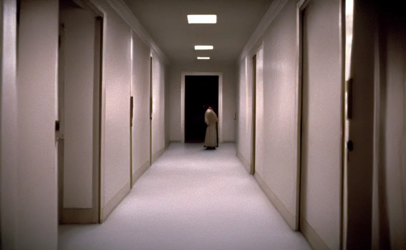 Prompt: White Backrooms in the shining by stanley kubrick, shot by 35mm film color photography