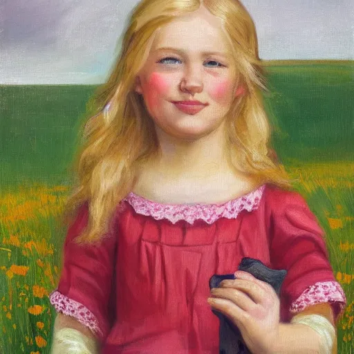 Image similar to young blonde pioneer girl in a meadow, portrait, oil