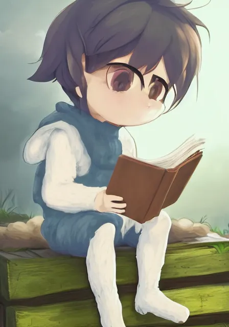 Image similar to beautiful little boy wearing sheep suit reading a book while sitting on chair, gray, blue, green and brown pallet color. made in abyss art style, inspired in kris from deltarrune, cute detailed artwork, anatomically correct, soft details, ilya kuvshinov, reflection, perfect composition, mobile wallpaper