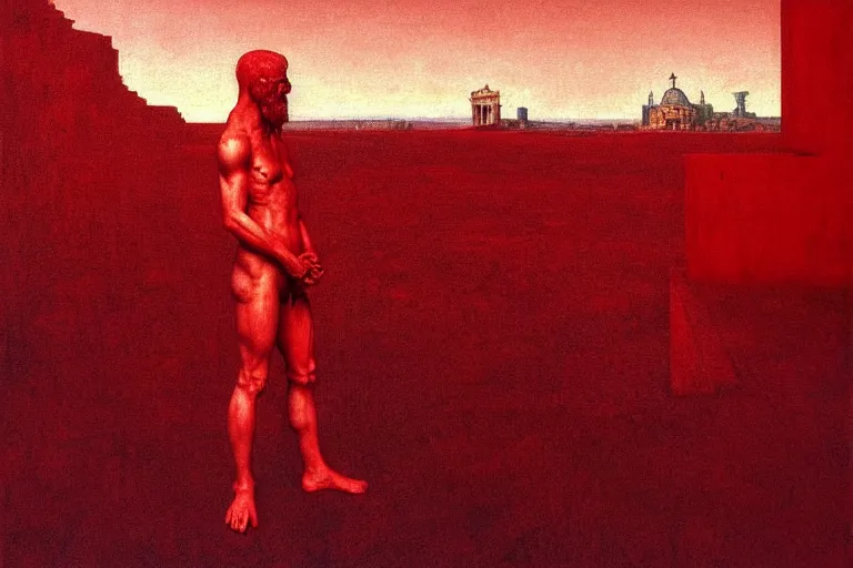 Image similar to only with red, caesar after war, a red tiger, in hoc signo vinces, rome in background, an ancient path, in the style of beksinski, part by hopper, part by rodcenko, part by hofbauer, intricate composition, red by caravaggio, insanely quality, highly detailed, masterpiece, red light, artstation