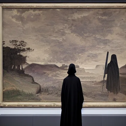 Image similar to the grim reaper standing stoic in black robe, waiting patiently, in a museum with paintings and people, perfect composition, by edmond leighton, simon stalenhag