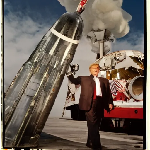 Image similar to donald trump strapped to a rocket sent into space, natural light, photograph - shot, by terry richardson