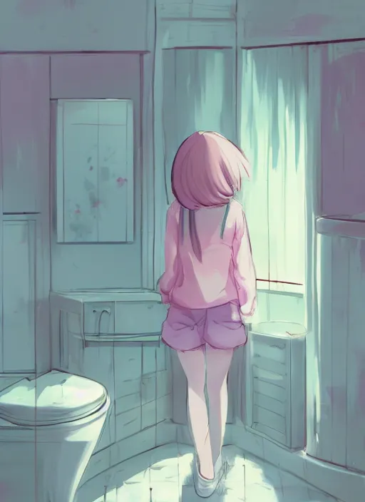 Image similar to placid pastel morning cute cluttered painterly fluffy tiny cramped bathroom trending on pixiv