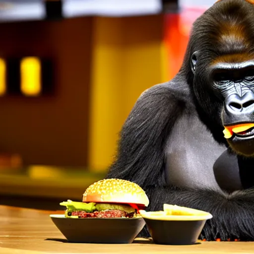 Prompt: detailed sharp photo of a gorilla eating a burger inside a McDonald's in santa fe