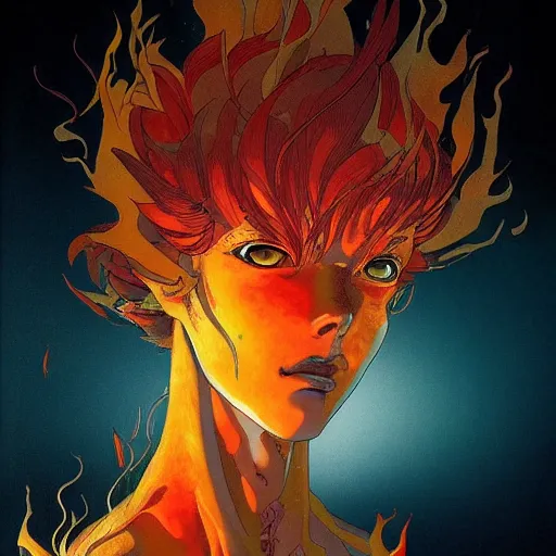 Image similar to prompt : flames portrait soft light painted by james jean and katsuhiro otomo and erik jones, inspired by evangeleon anime, smooth face feature, intricate oil painting, high detail illustration, sharp high detail, manga and anime 1 9 9 9