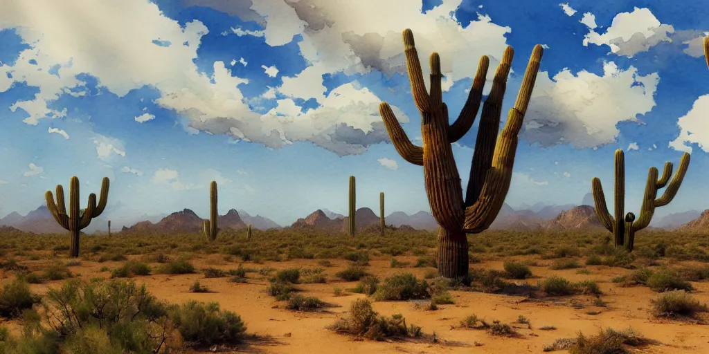 Prompt: a beautiful happy watercolor painting of the sonoran desert, the landscape is mostly green with lots of mesquite trees and bushes, earthy browns on ground, beautiful cloudy deep blue sky, by greg rutkowski and thomas kinkade and quentin mabille and geoffroy thoorens, trending on artstation