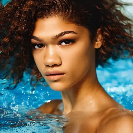 Image similar to Zendaya swimming, high quality, studio lighting, Kodak portra