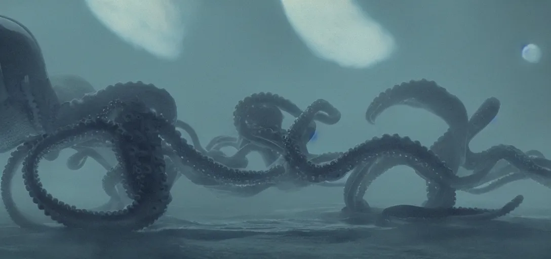 Prompt: a robotic octopus'tentacles wrapped around jupiter, foggy, cinematic shot, photo still from movie by denis villeneuve, wayne barlowe