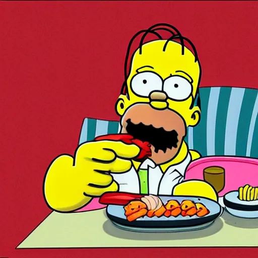 Image similar to homer simpson eating sushi, cartoon style.