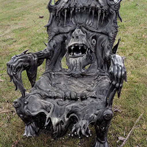 Prompt: monster graveyard chair, portraits of daemons