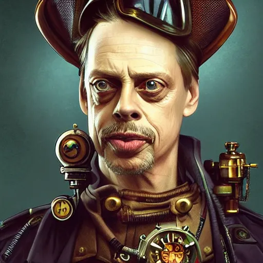 Prompt: Steve Buscemi as a steampunk firefighter, intricate, highly detailed, digital painting, artstation, concept art, sharp focus, illustration, art by greg rutkowski and alphonse mucha