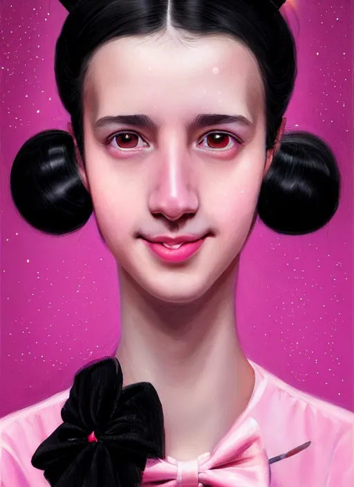 Image similar to portrait of high school girl, realistic, black hair, bangs, half updo hairstyle, pointy nose, skinny, smile, ugly, defined jawline, big chin, pink hair bow, earrings, intricate, elegant, glowing lights, highly detailed, digital painting, artstation, sharp focus, illustration, art by wlop, mars ravelo and greg rutkowski