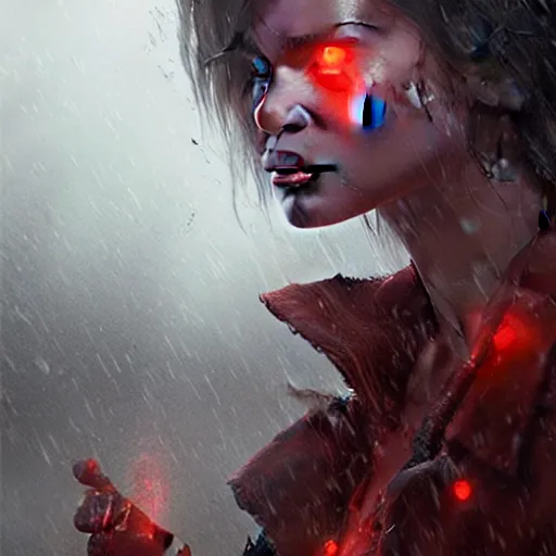 Prompt: bloody rain, by greg rutkowski and artgerm, very detailed, sharp focus, magic the gathering, 8 k, intricate, dramatic