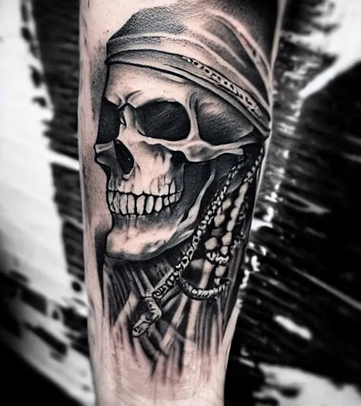 Image similar to A realistic tattoo design sketch of a pirate ship, white background, black and white, highly detailed tattoo, realistic tattoo, realism tattoo, beautiful shades