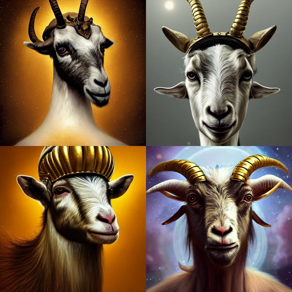 Prompt: detailed baroque portrait of a goat wearing a space helmet, realistic creature concept, gazing eyes, beautiful eyes medium shot, elegant pose, fantasy, illustration, artstation, cinematic lighting, hyperdetailed, cgsociety, 8k Resolution, high resolution, Charlie Bowater, Tom Bagshaw, Tom Richmond, single face, insanely detailed and intricate, beautiful, elegant, golden ratio