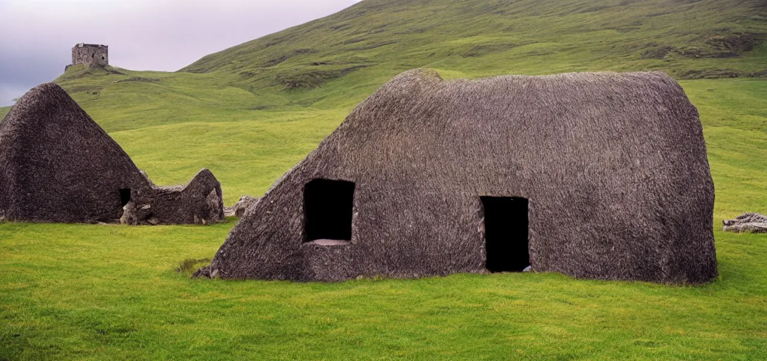 Image similar to scottish blackhouse made of pentelic marble. sold by sotheby's for 9 million dollars. fujinon premista 1 9 - 4 5 mm t 2. 9. portra 8 0 0.