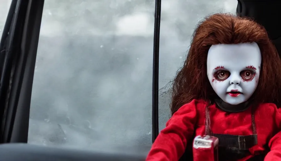 Prompt: big budget horror movie about an evil killer doll in the back of a driver's car