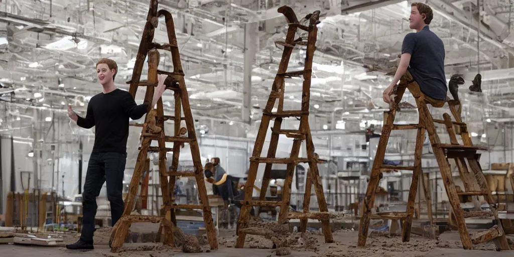 Prompt: mark zuckerberg sitting on top of a ladder making a stop motion animation, giant clay sculptures, photorealistic