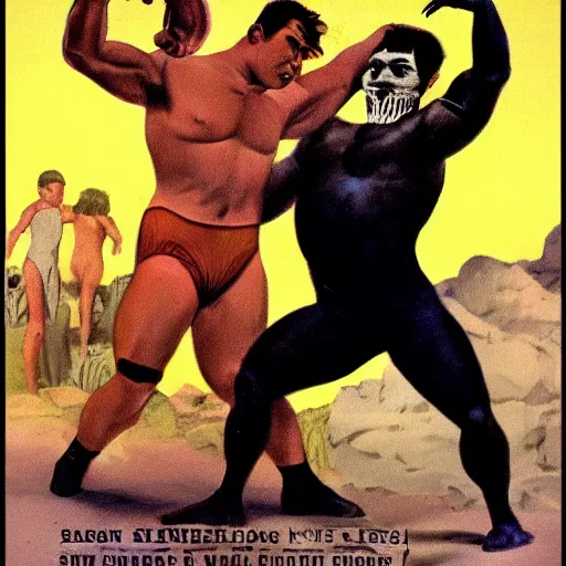 Prompt: Samson wrestling the lion, pulp science fiction illustration