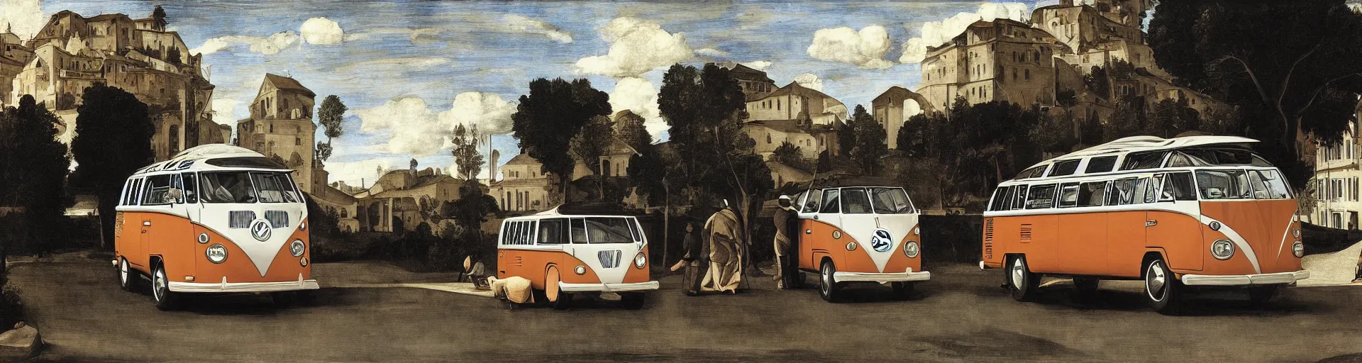 Image similar to vw bus on a street, illustration by caravaggio