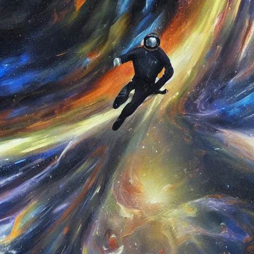 Image similar to a man zooming through the fabric of space, dramatic oil painting, detailed