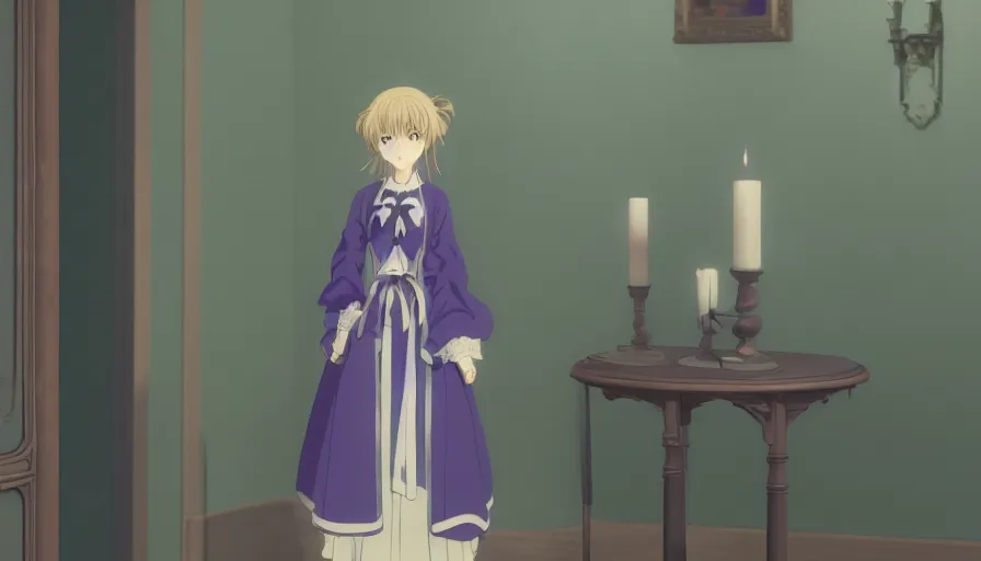 Image similar to a character portrait of violet evergarden by kyoto animation, in a victorian home background, anime, blender