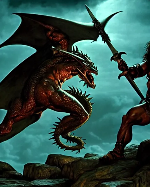 Image similar to closeup Photo of Conan the Barbarian fighting a dragon with a sword in a dungeon, rim lighting, octane, Frank frazetta, Edgar Rice Burroughs,