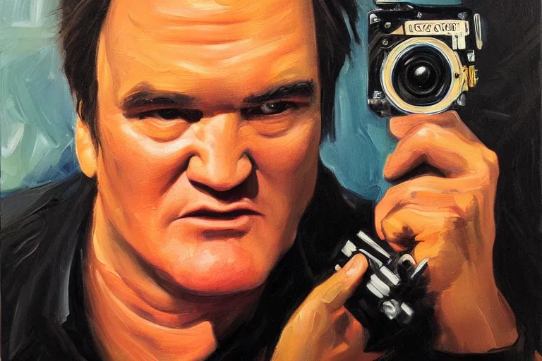 Image similar to Quentin tarantino holding a 16 mm camera, oil painting