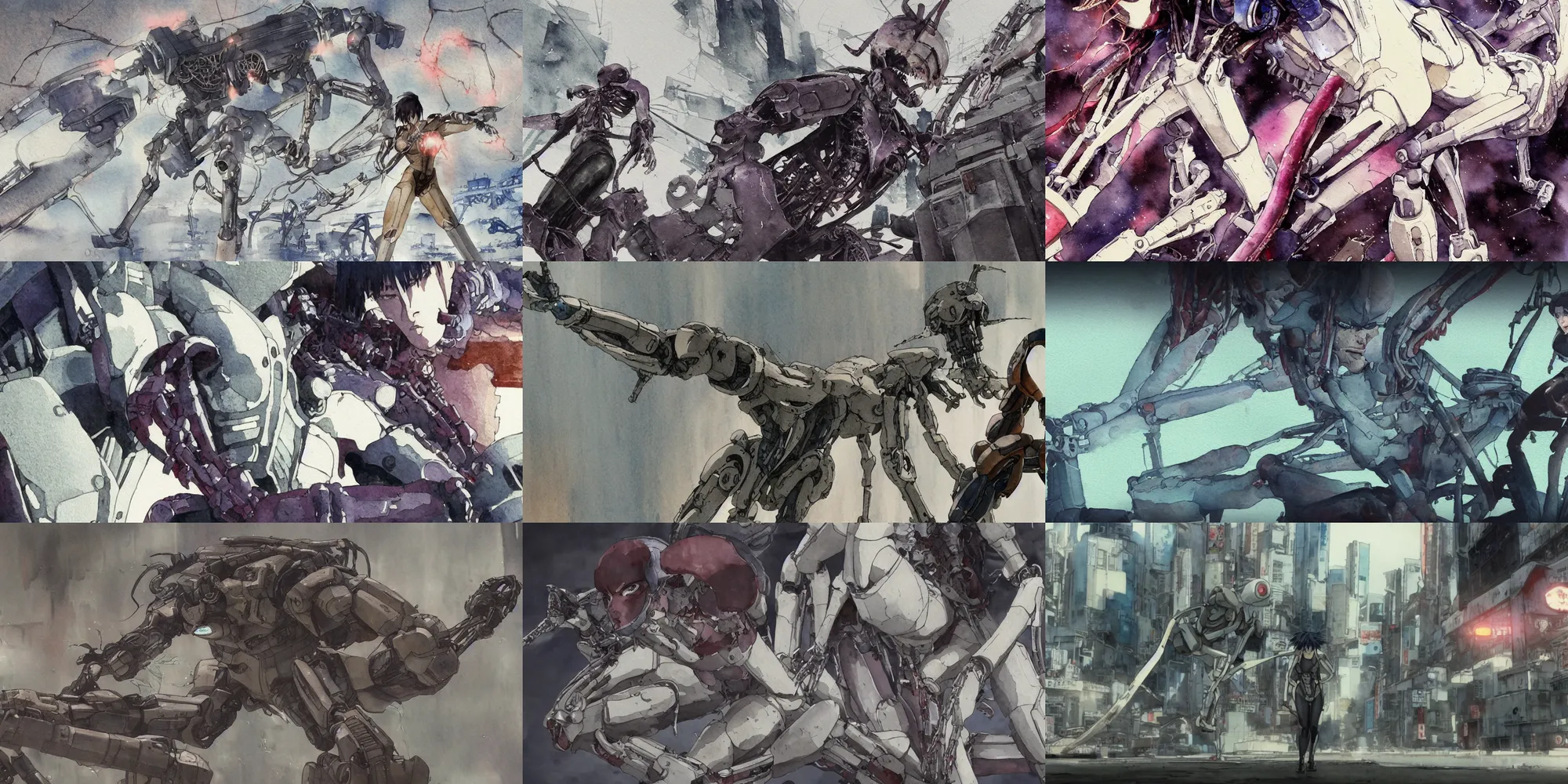 Prompt: incredible screenshot, simple watercolor, masamune shirow ghost in the shell movie scene close up broken Kusanagi tank battle, snake skeleton, brown mud, dust, titanic tank with legs, robot arm, ripped to shreds, wide eyes shocked expression, karate kick , laser wip, lightning rollerblades, light rain, shinjuku, cherry blossom, hd, 4k, remaster, dynamic camera angle, deep 3 point perspective, fish eye, dynamic scene