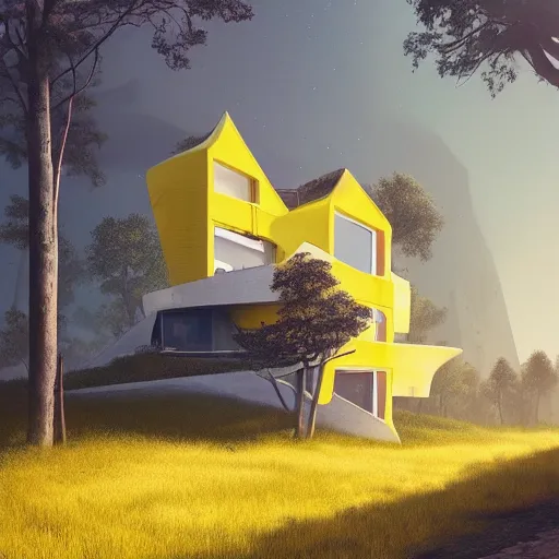 Image similar to futuristic yellow house on a hill with big trees, multiple moons, dramatic lighting, artstation, matte painting, raphael lacoste, simon stalenhag, frank lloyd wright, zaha hadid