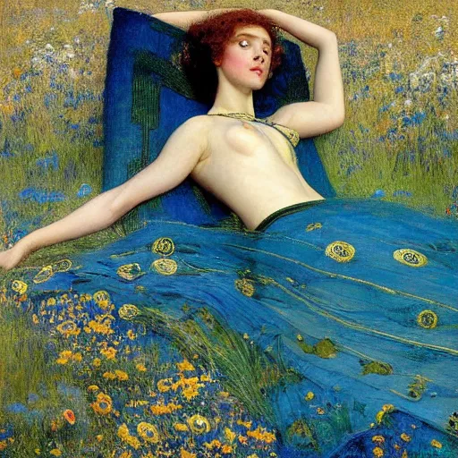 Prompt: masterpiece full body portrait of a beautiful woman with a perfect body lying on an ornate gold and blue carpet in a meadow, by Edgar Maxence and Ross Tran and Michael Whelan and Gustav Klimpt