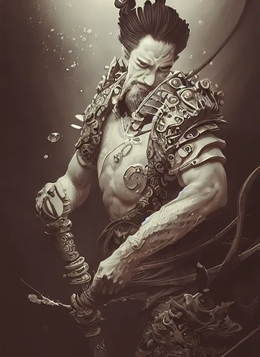 Image similar to subsurface scattering, white, koi, samurai deity with koi armor, art nouveau swirls, epic lighting, octane render, by jesper ejsing, james jean, justin gerard, tomasz alen kopera, cgsociety and fenghua zhong, highly detailed, rim light, art, very coherent, cinematic, hyper realism, high detail, 8 k