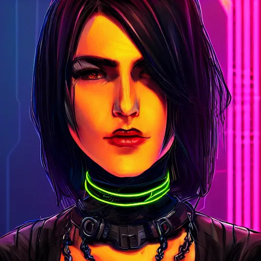 Image similar to headshot of cyberpunk woman wearing thick black choker around neck, detailed face, collar on neck, realistic, artstation, cyberpunk style, neon,