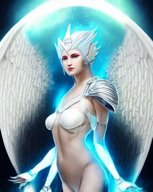 Image similar to perfect white haired egyptian goddess wearing white dove wings, warframe armor, regal, attractive, ornate, sultry, beautiful, dreamy, half asian, pretty face, blue eyes, detailed, scifi platform, 4 k, ultra realistic, epic lighting, android body, illuminated, cinematic, masterpiece, art by akihito tsukushi, voidstar, artgerm