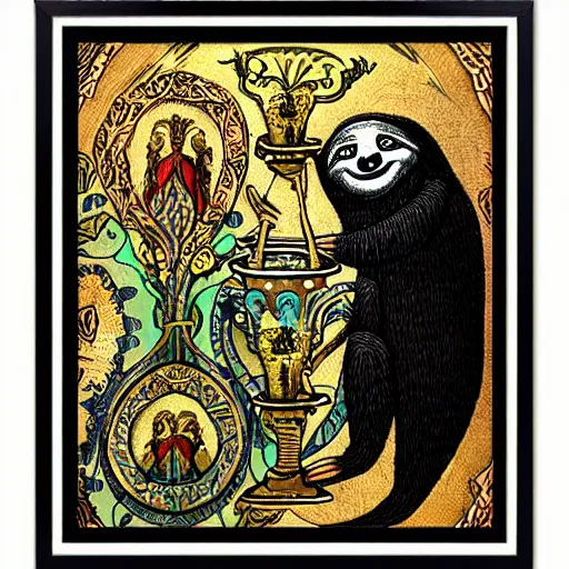 Prompt: sloth as the king of cups, framed, intricate details, medieval art style, high contrast, posterized