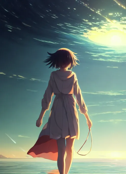 Prompt: anime girl walking on water, ripples, backdrop of dawn, saturn in the background, illustration, concept art, anime, key visual, trending pixiv fanbox by wlop and greg rutkowski and makoto shinkai and mamoru hosada and studio ghibli