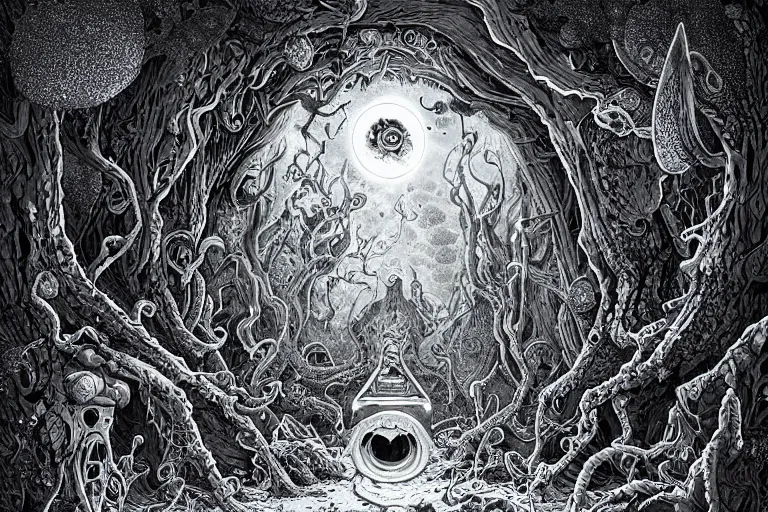 Prompt: portal to a lovecraftian realm in the malt field woods by Joe Fenton