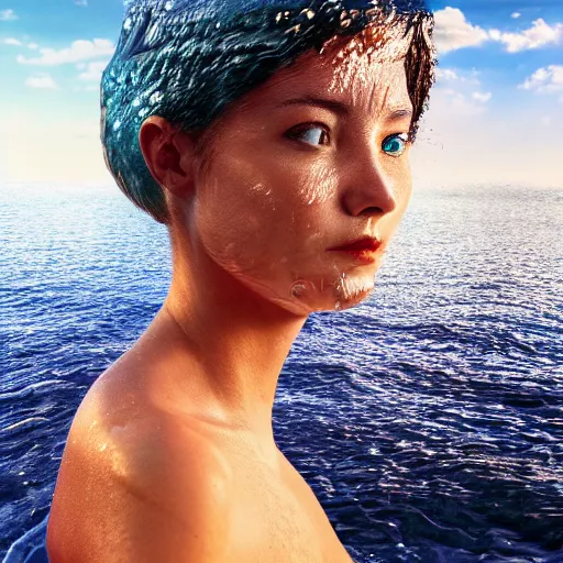 Image similar to water artwork manipulation in the shape of a human head, on the ocean water, beautiful woman, ray tracing, realistic water sharp focus, long shot, 8 k resolution, cinematic, surreal water art