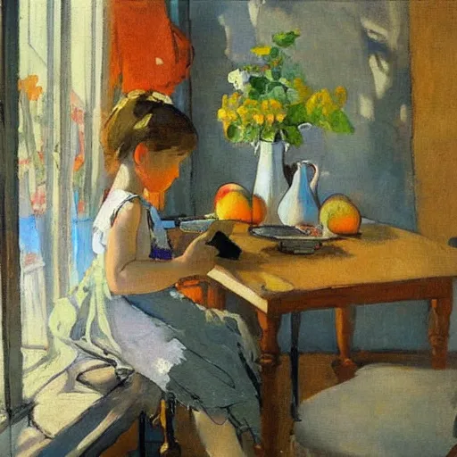 Prompt: a girl with iphones on a table sits at a table in a sunny room, the window is open, girl with peaches, by valentin serov