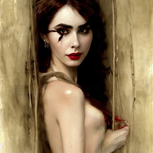 Prompt: detailed realistic cinematic wide shot of beautiful attractive lilly collins vampire woman wearing black bath robe slim face symettrical face clean skin black eyes black robe smooth, sharp focus, ultra realistic, spring light, painting by gaston bussiere, craig mullins, j. c. leyendecker