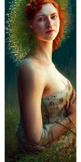 Image similar to young woman, full covering intricate detailed dress, serene smile, surrounded by golden firefly lights amidst nature, long red hair, precise linework, accurate green eyes, small nose with freckles, beautiful smooth oval shape face, empathic, expressive emotions, dramatic lights spiritual scene, hyper realistic ultrafine art by artemisia gentileschi, jessica rossier, boris vallejo