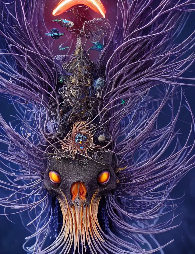 Image similar to witch phoenix macro close - up portrait with crown made of ram skull. phoenix, betta fish, jellyfish, bioluminiscent, plasma, ice, water, wind, creature, super intricate ornaments artwork by tooth wu and wlop and beeple and greg rutkowski