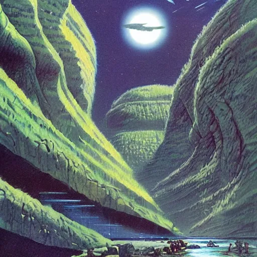 Image similar to beautiful illustration of a lush natural scene on an alien planet by vincent di fate. science fiction. extremely detailed. beautiful landscape. weird vegetation. cliffs and water.