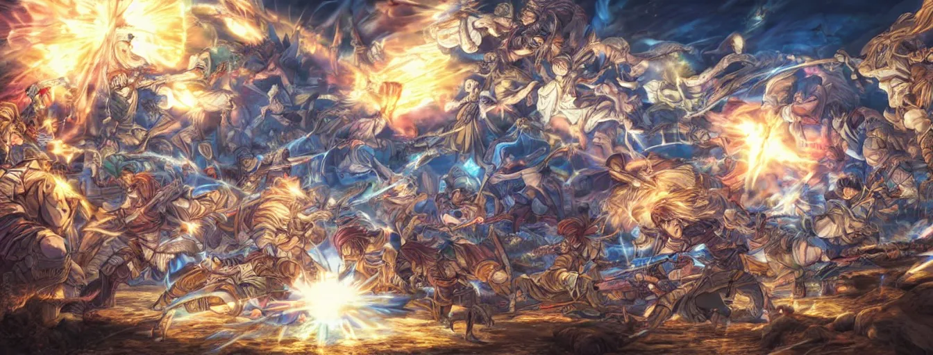 Image similar to spirit souls fighting on a battlefield to the death beams. hyperrealistic anime background illustration by kim jung gi, colorful, extremely detailed intricate linework, smooth, super sharp focus, bright colors, high contrast, matte, octopath traveler, unreal engine 5 highly rendered, global illumination, radiant light
