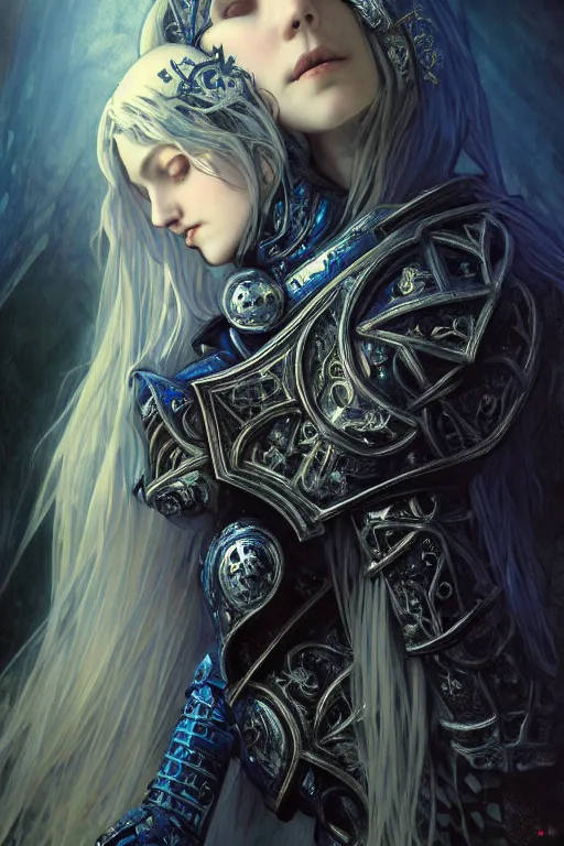 Image similar to beautiful luxury and gothic and victorian and evil medieval female blue & white color armor knight portrait+smoky eyes+light flowing hair, in ruin gothic cathedral, ultradetail face, art and illustration by tian zi and craig mullins and WLOP and alphonse mucha, fantasy, intricate complexity, human structure, fantasy world concept, watermark, blurry, hyperrealism 8k